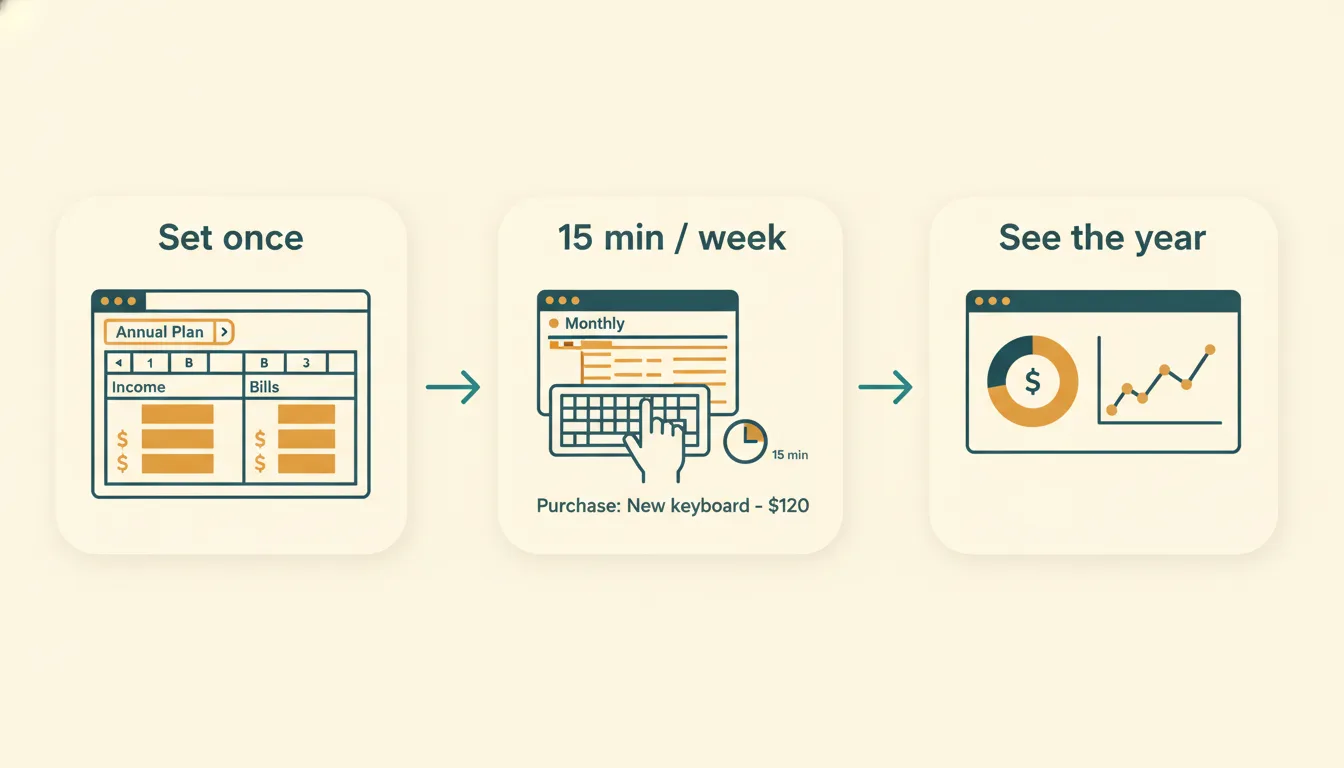 Set the plan once, spend 15 minutes a week, then see the whole year in a monthly budget template