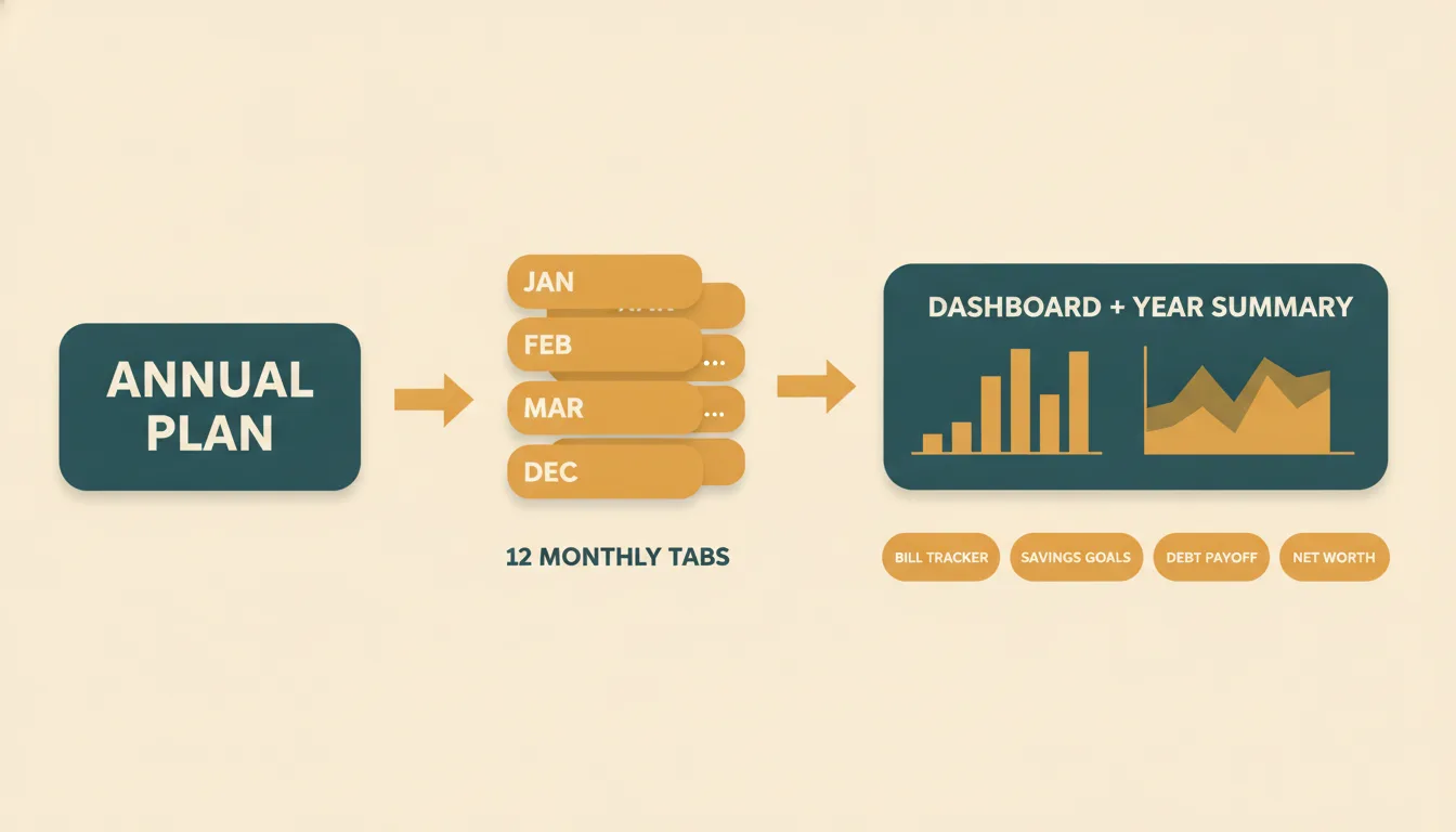 How the annual plan feeds twelve monthly tabs into a dashboard in a Google Sheets budget template
