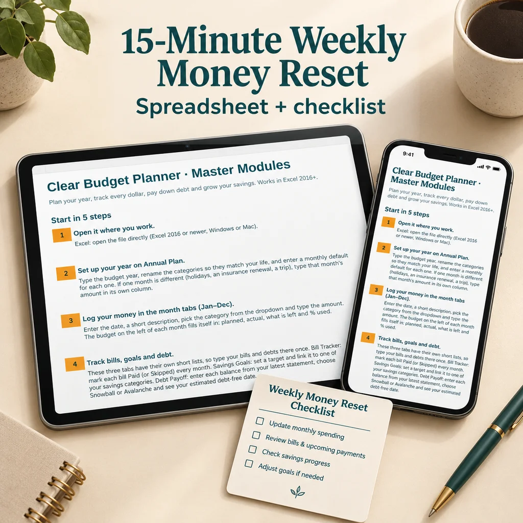Weekly money reset spreadsheet and printable checklist beside a tablet and phone