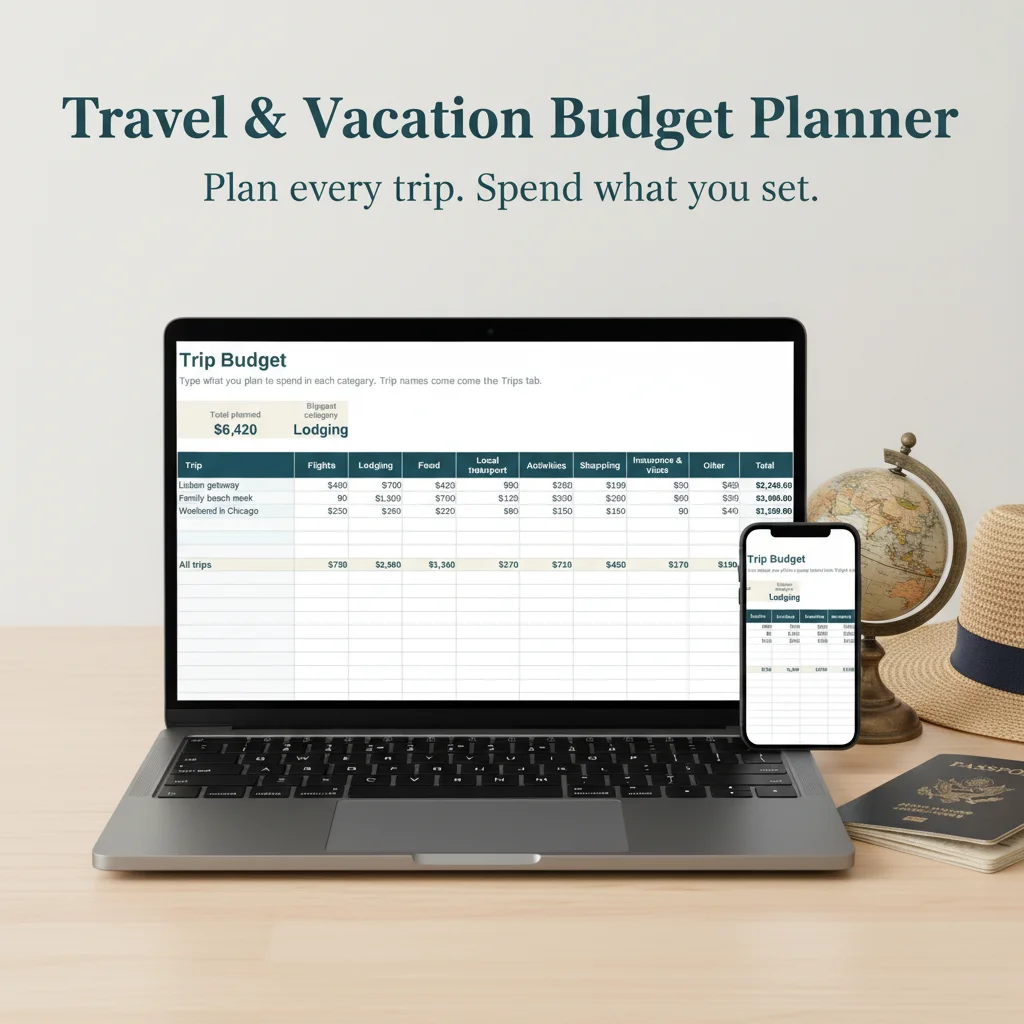 Travel and vacation budget planner spreadsheet open on a laptop and phone next to a passport