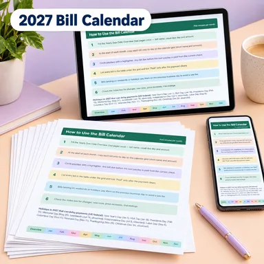 2027 bill calendar printable pages with a how-to-use guide, shown with a phone and pen