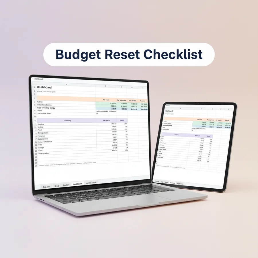 Budget reset checklist shown next to a bucket budget dashboard on a laptop and tablet
