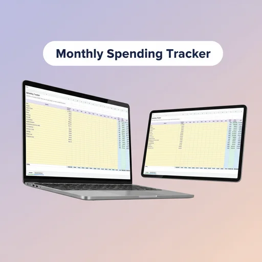 Monthly spending tracker spreadsheet shown on a laptop and tablet