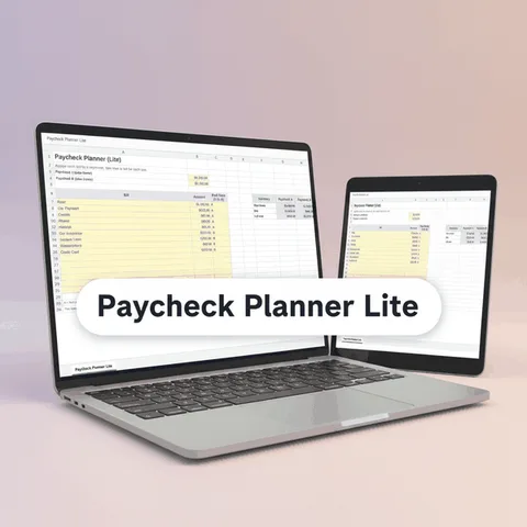 Biweekly paycheck planner lite spreadsheet on a laptop and tablet