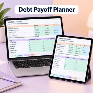 Debt payoff planner comparing snowball and avalanche on a laptop and tablet