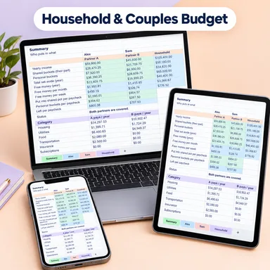 Household and couples budget spreadsheet on a laptop, tablet and phone