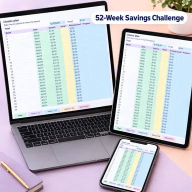 52-week savings challenge tracker shown on a laptop and phone