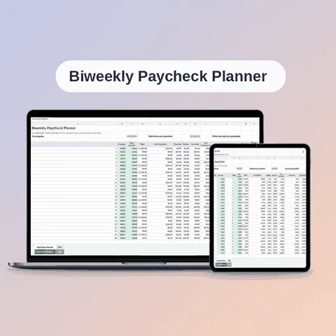 Biweekly paycheck planner spreadsheet shown on a laptop and a tablet