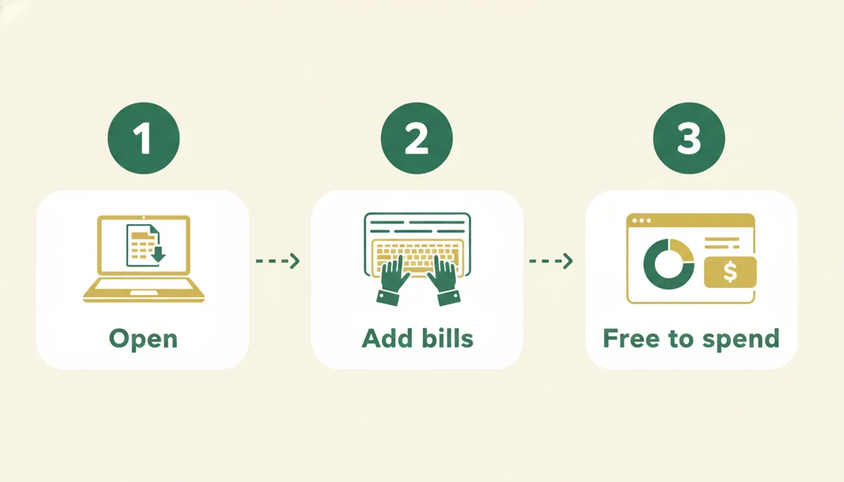 Three steps to budget a paycheck in a spreadsheet: open, add bills, see free to spend