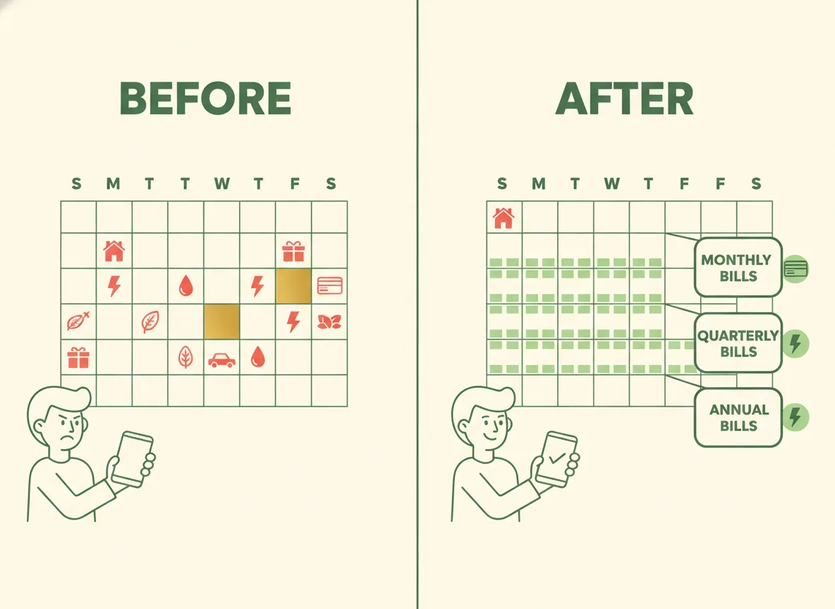 Before and after: scattered bills versus bills laid out on a calendar