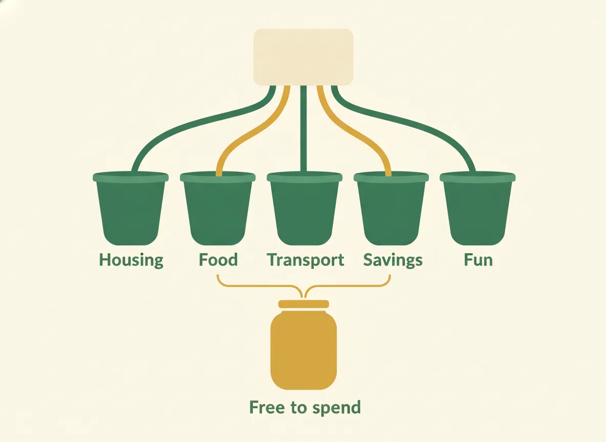 Digital envelope budgeting: buckets for housing, food, transport and savings leave a free to spend jar