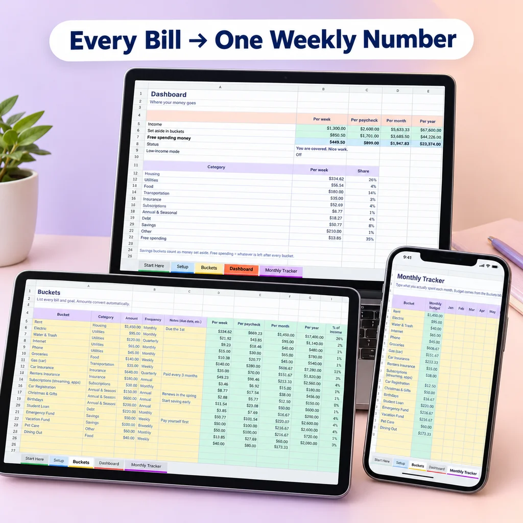 Paycheck planner dashboard turning every bill into one weekly number, on laptop, tablet and phone