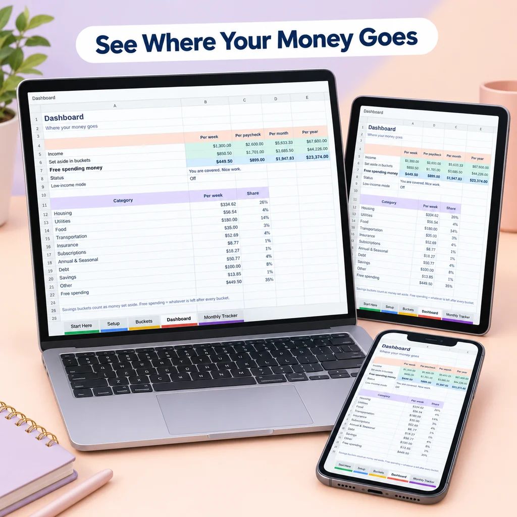Bucket budget dashboard on laptop, tablet and phone showing where your money goes