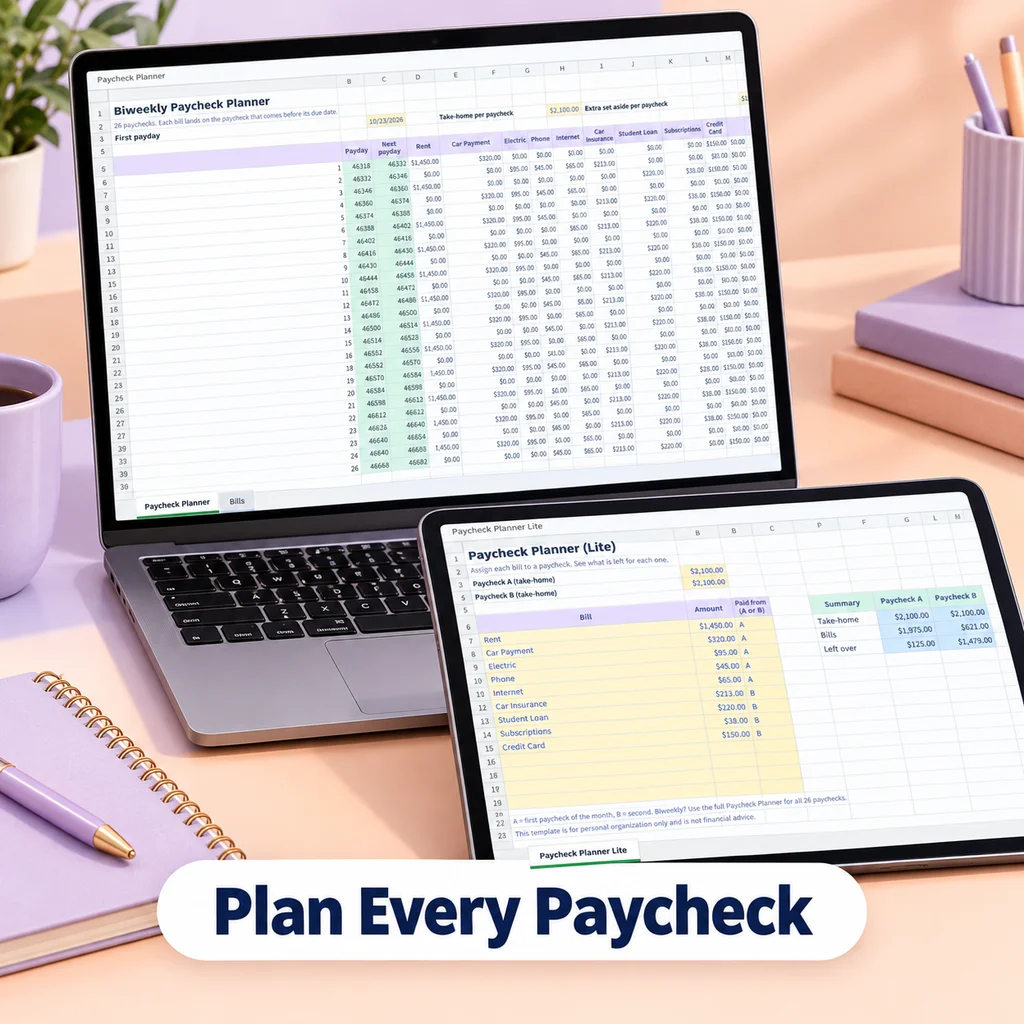 Paycheck planner sheet on a laptop, tablet and phone with an amount for every paycheck